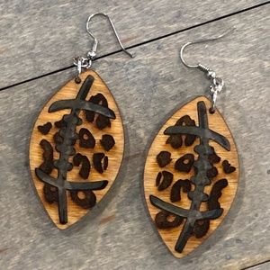 Oak Stained Football with engraved leopard pattern wood earrings